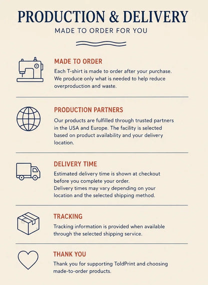 An informational infographic on 'Production & Delivery' for T-shirts made to order, featuring text and simple line icons on a light beige background.