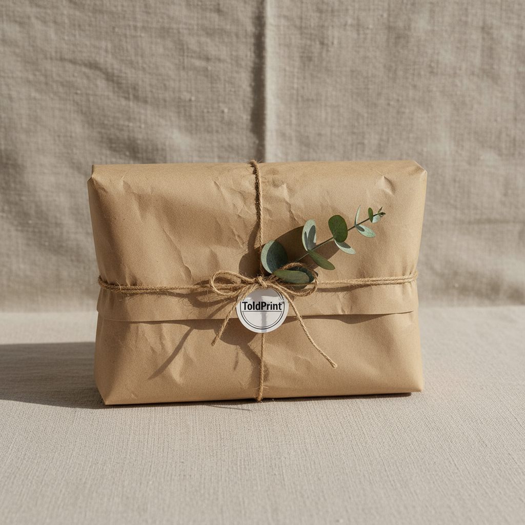 Kraft paper-wrapped package with a bow and eucalyptus leaves on a neutral background
