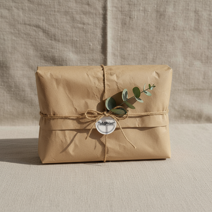 Kraft paper-wrapped package with a bow and eucalyptus leaves on a neutral background