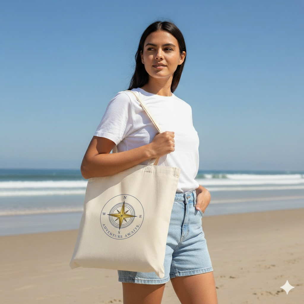 Woman holding a tote bag with a compass design on a beach