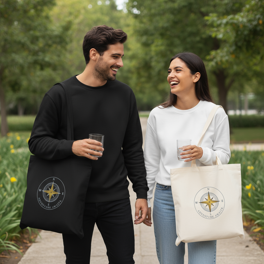 Man and woman walking outdoors holding tote bags with a compass design.