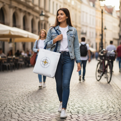 Woman walking down a street holding a white tote bag with a logo.