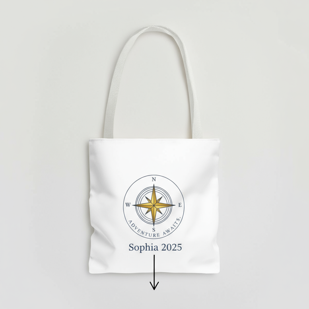 White tote bag with compass design and text on a light gray background