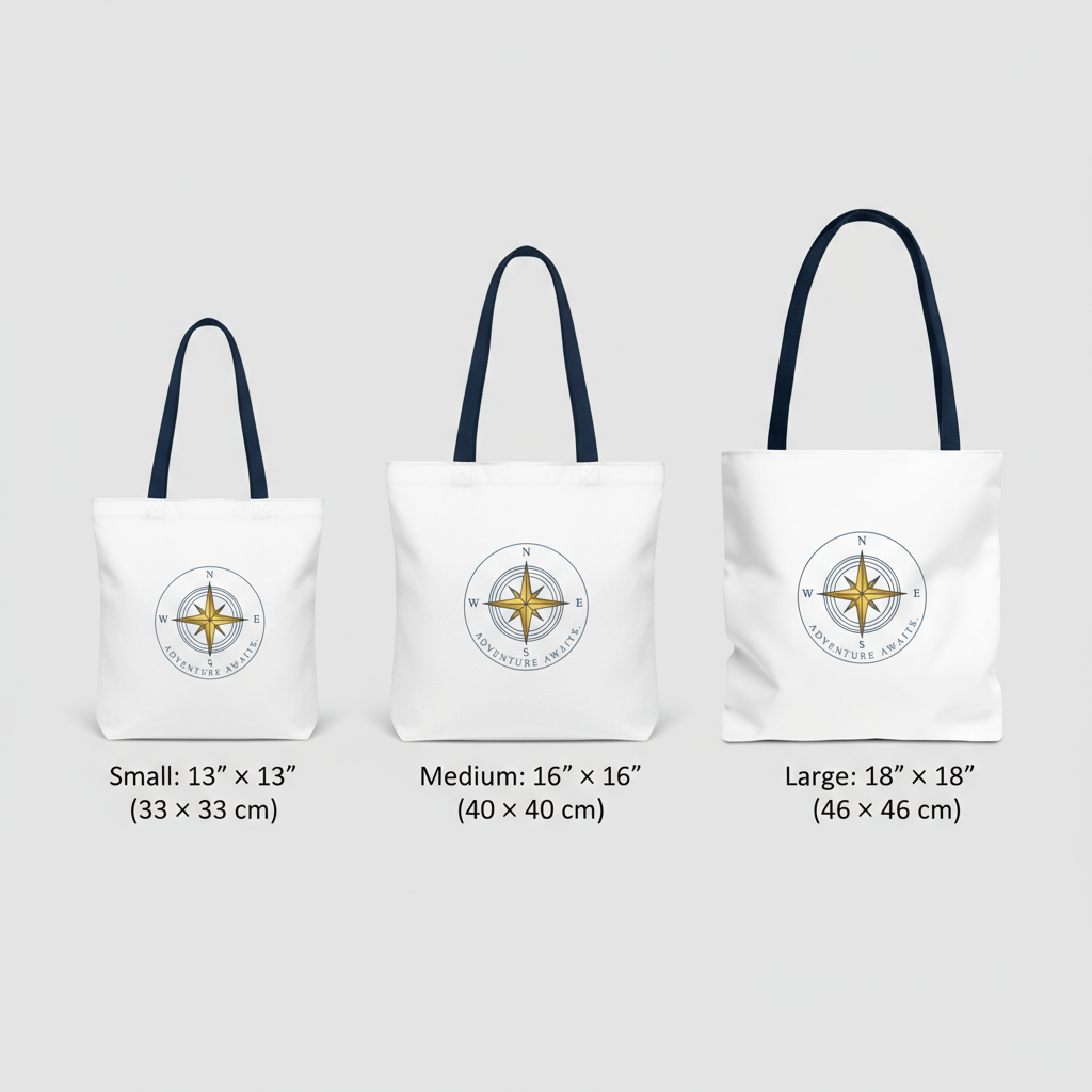 Three tote bags with different sizes and a compass design on a light gray background.
