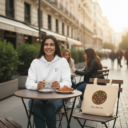 Woman sitting at an outdoor cafe table with a coffee and pastry, next to a tote bag with a colorful design.