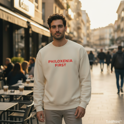 Man wearing a beige sweatshirt with 'PHILOXENIA FIRST' in red text on a city street.