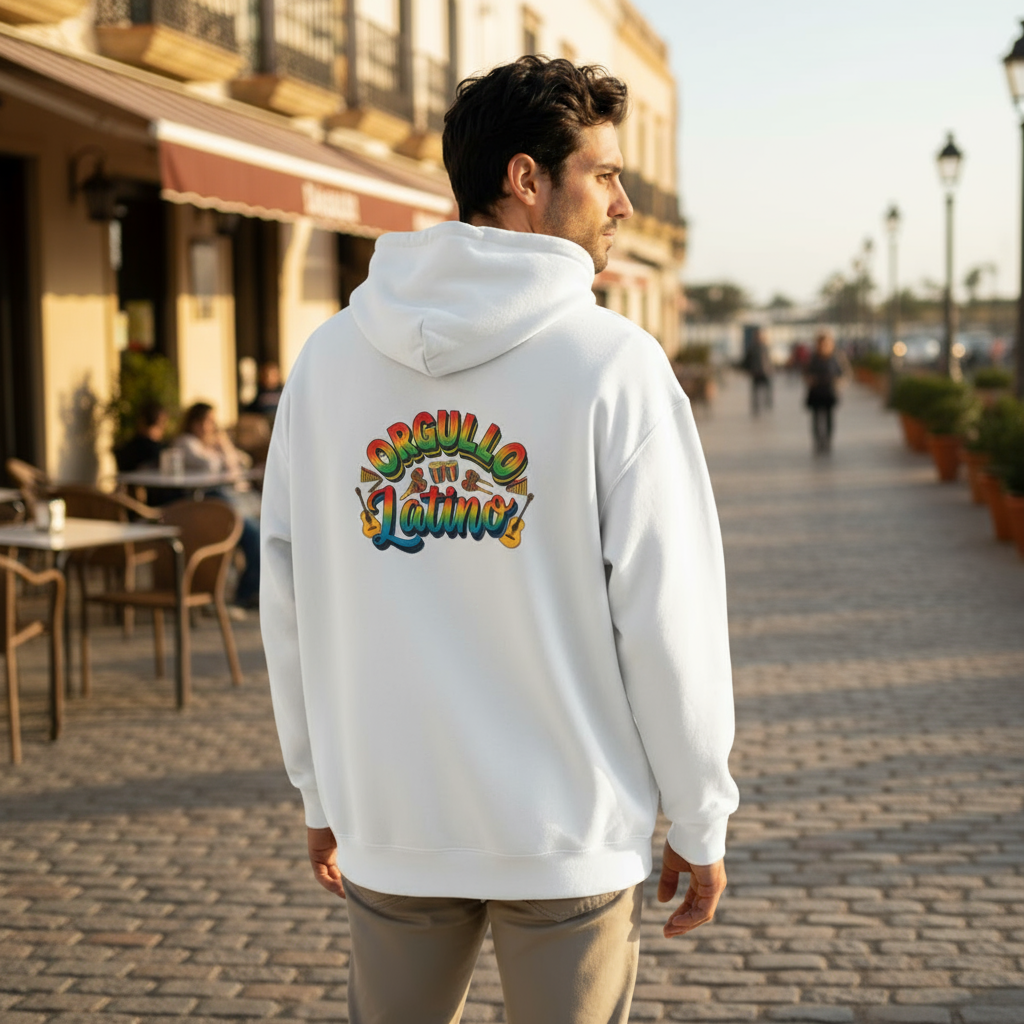 Man wearing a white hoodie with colorful text on the back, standing on a street.