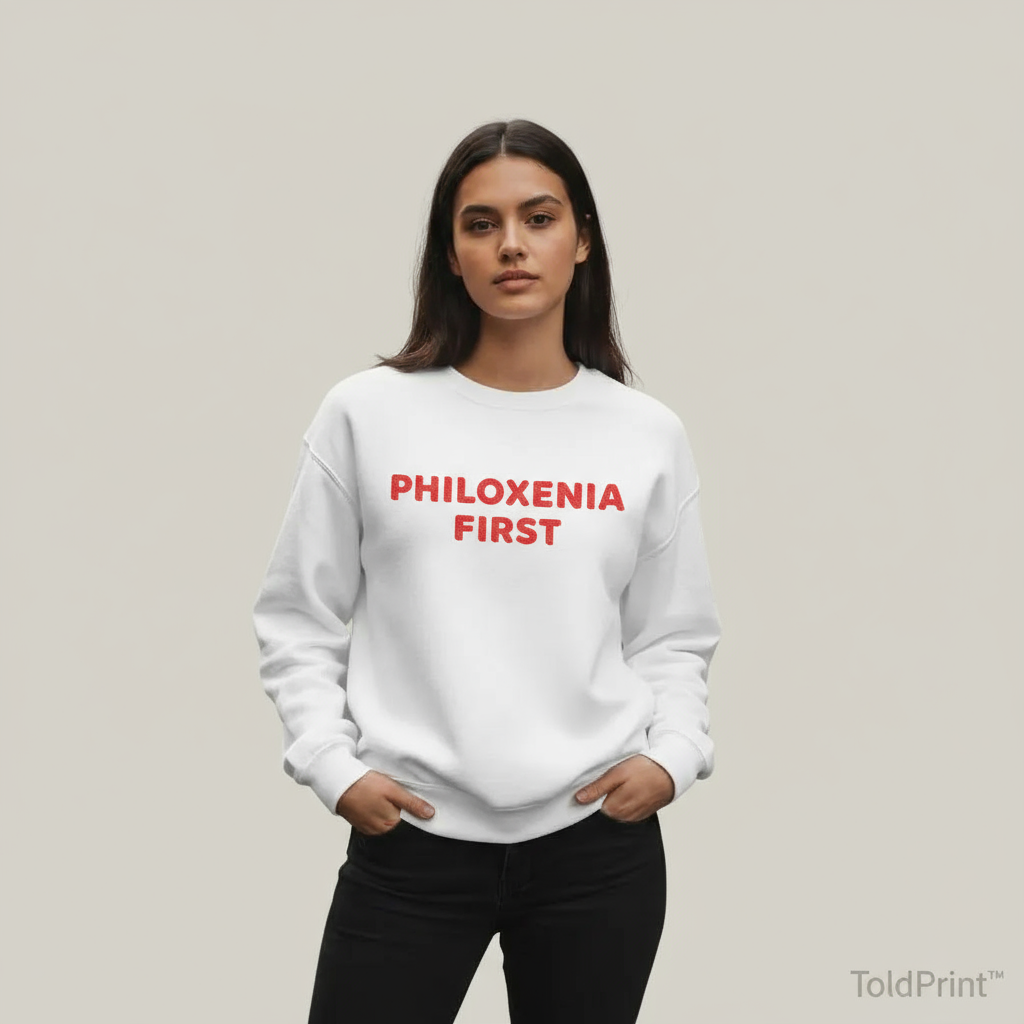 Person wearing a white sweatshirt with 'PHILOXENIA FIRST' text on a plain background