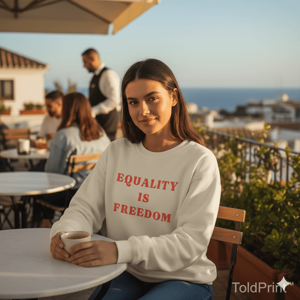 Woman wearing a sweatshirt with 'Equality is Freedom' at an outdoor cafe.