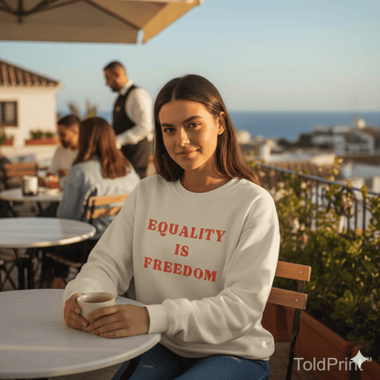 Woman wearing a sweatshirt with 'Equality is Freedom' at an outdoor cafe.