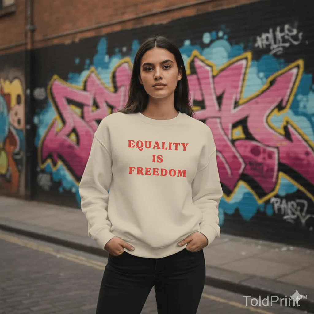 Person wearing a sweatshirt with 'EQUALITY IS FREEDOM' text in front of graffiti art.