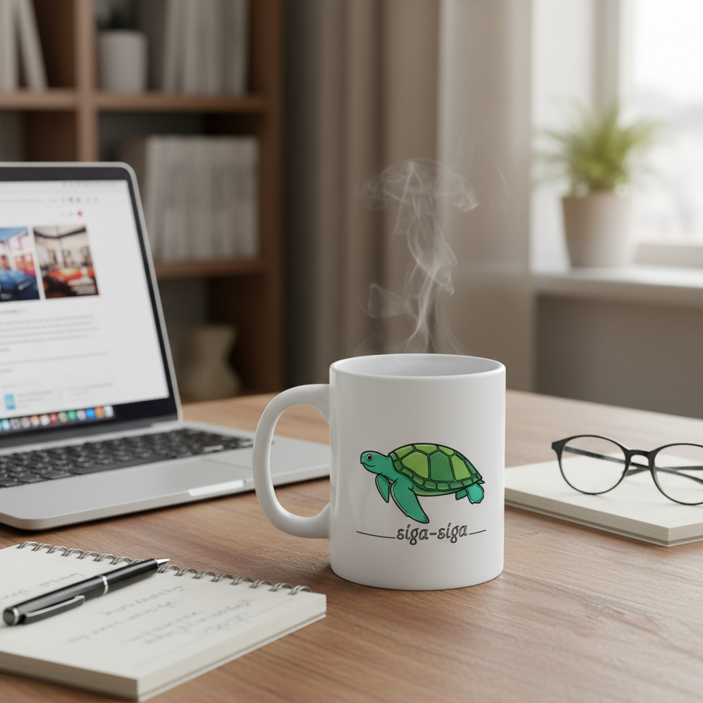 White mug with a turtle design on a desk with a laptop and notebook.