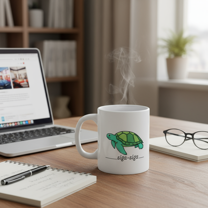 White mug with a turtle design on a desk with a laptop and notebook.