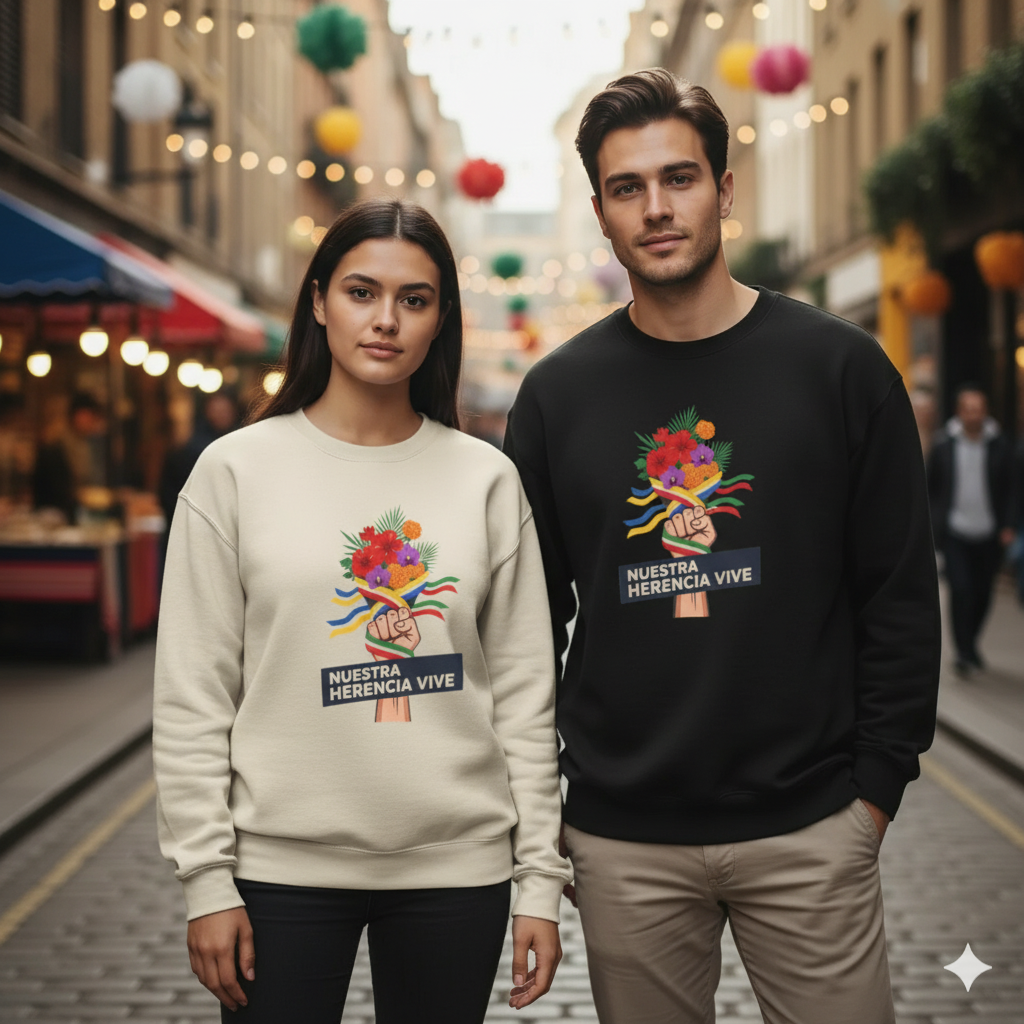 Two people wearing sweatshirts with colorful designs and text on a street.