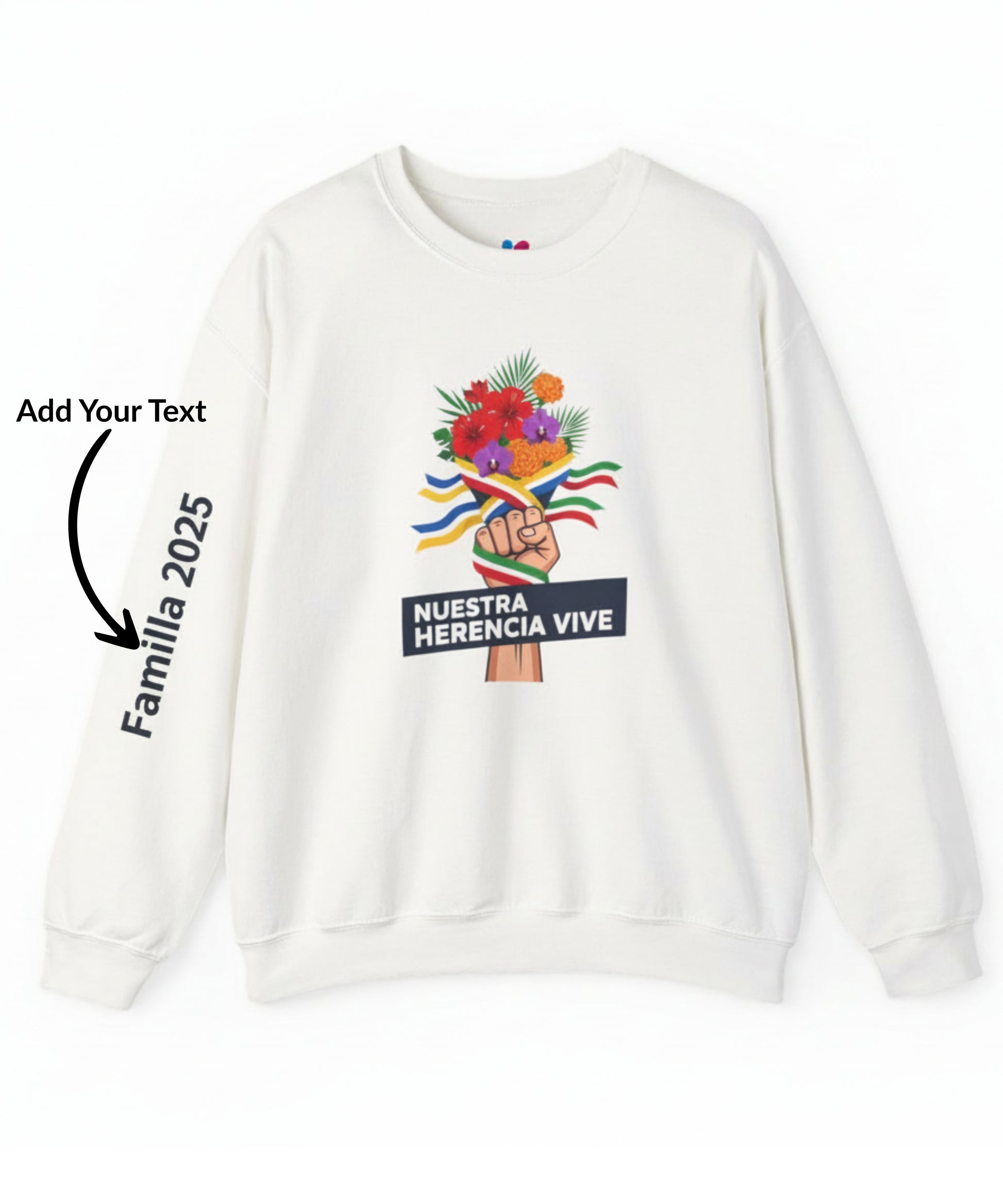 White sweatshirt with colorful design and text on a white background
