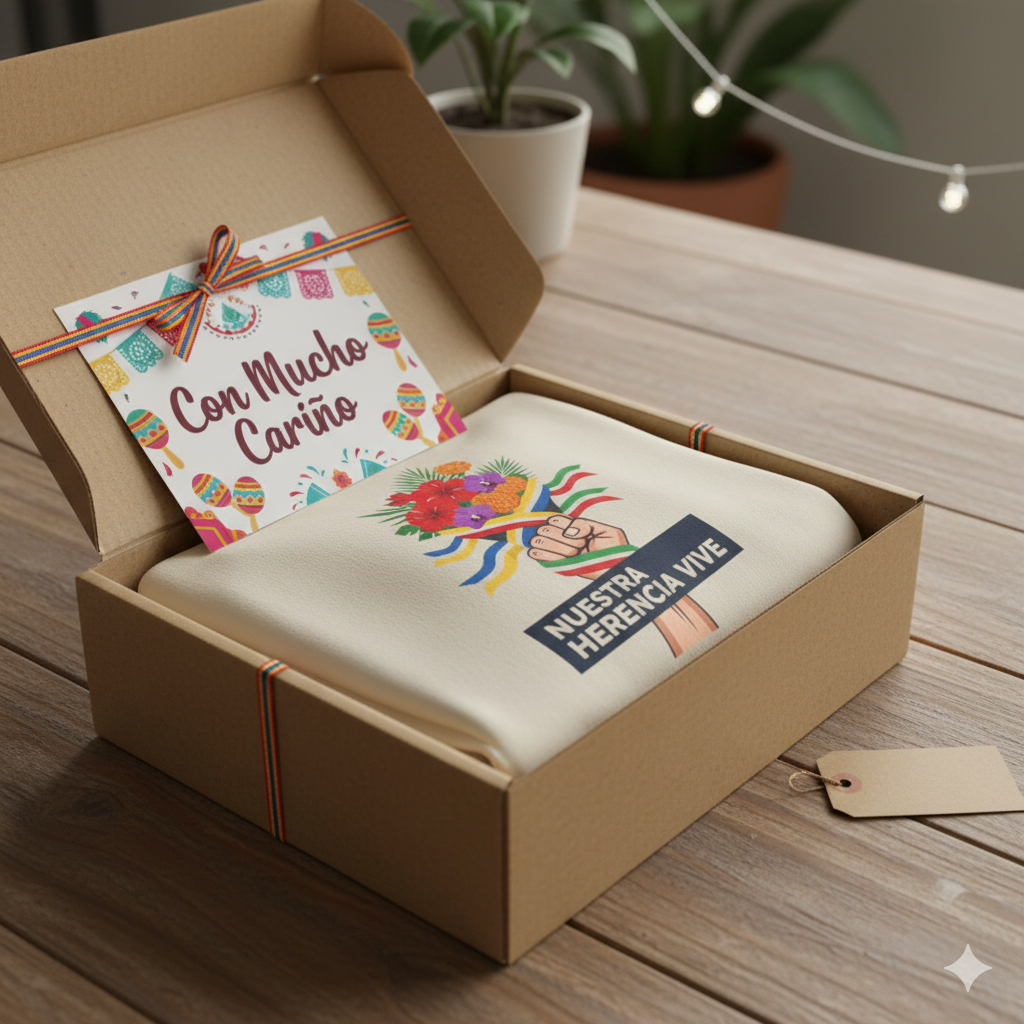Gift box with a hoodie and card on a wooden surface