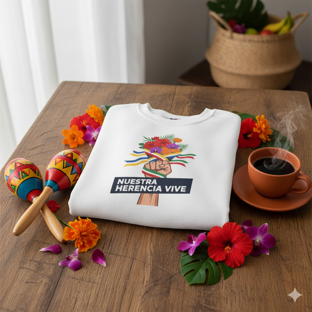 White sweatshirt with colorful design and text on a wooden table with maracas, coffee, and flowers.