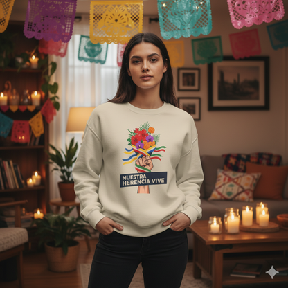 Woman wearing a sweatshirt with a colorful design in a decorated room.