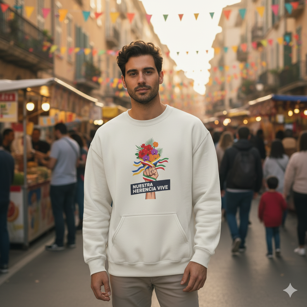 Man wearing a white sweatshirt with colorful design in a lively street setting