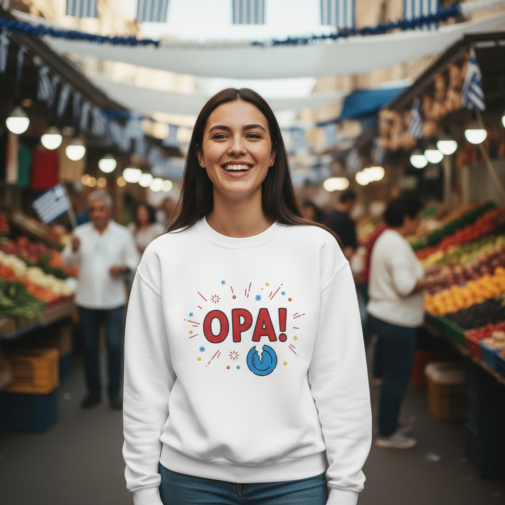 Celebratory OPA! Crewneck Sweatshirt – Greek Celebration Unisex Pullover, Family Reunion & Birthday Apparel