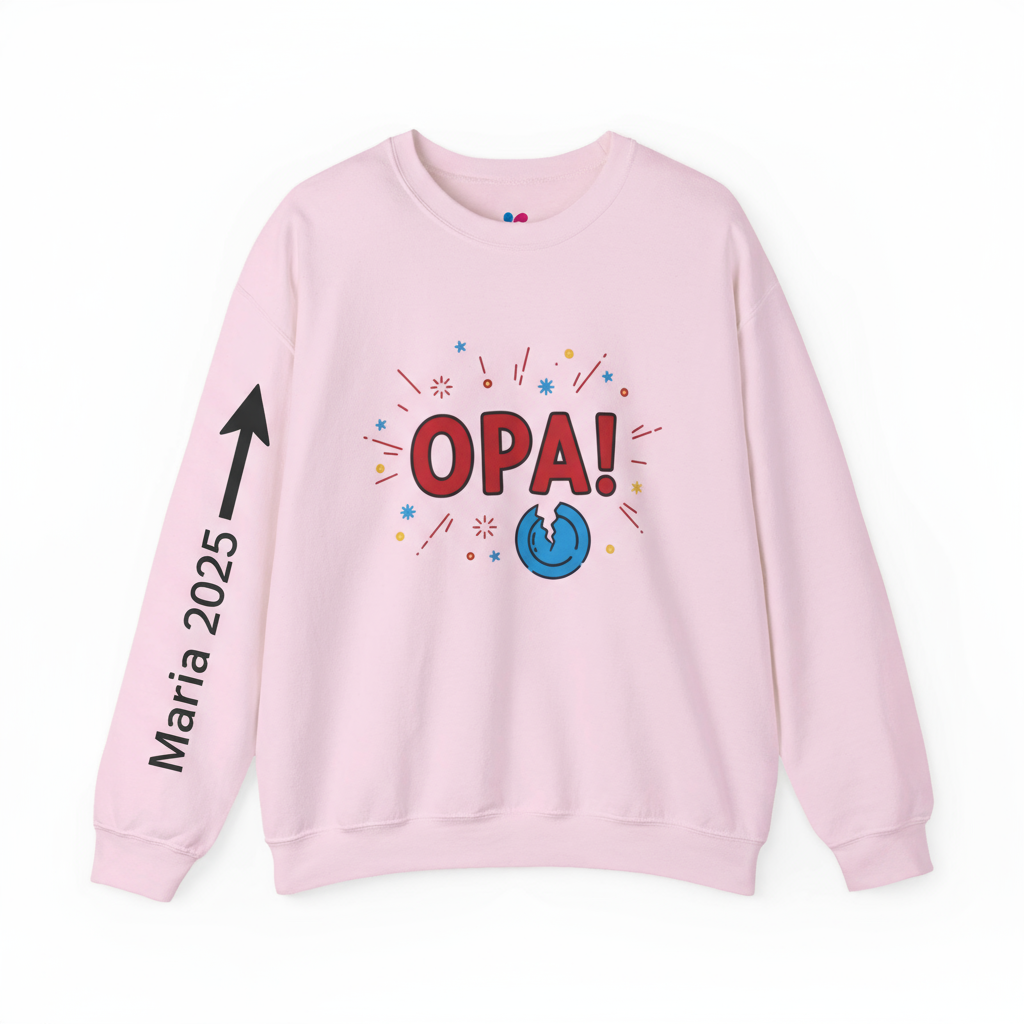 Pink sweatshirt with 'OPA!' text and design on a white background