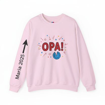 Pink sweatshirt with 'OPA!' text and design on a white background