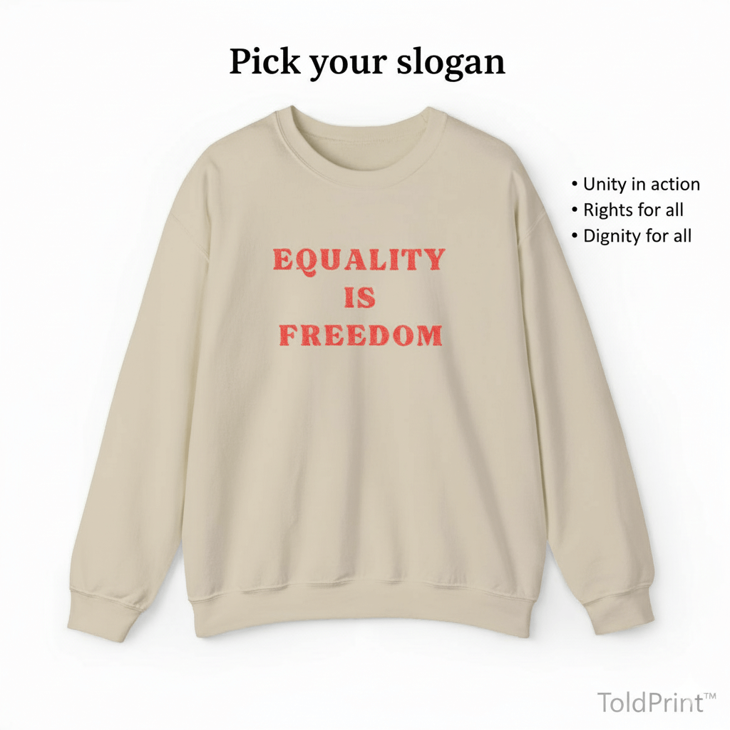 Beige sweatshirt with red text 'EQUALITY IS FREEDOM' on a white background