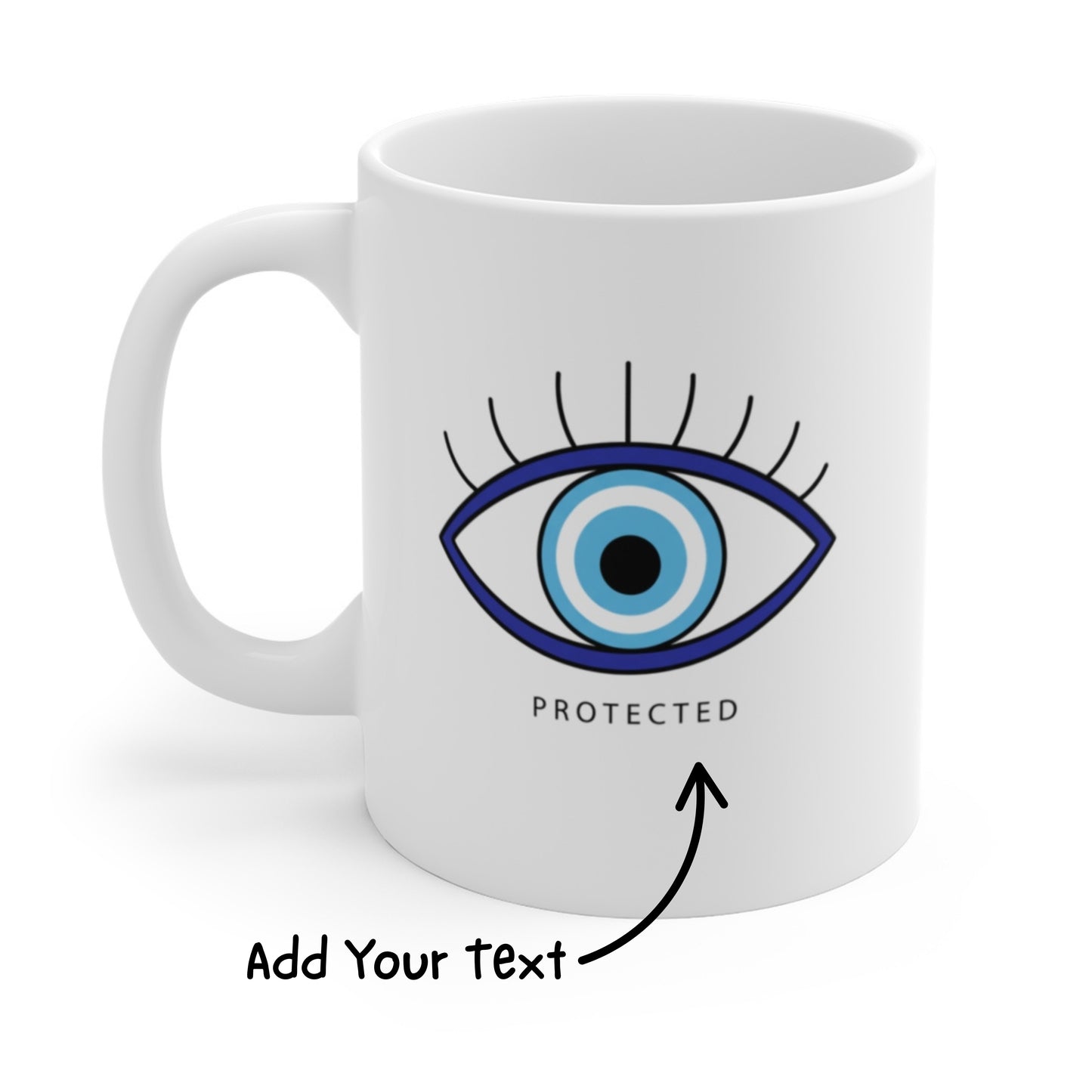 White mug with an eye design and 'PROTECTED' text on a white background