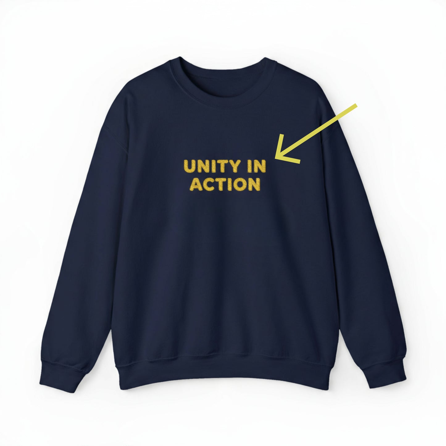 Navy blue sweatshirt with 'UNITY IN ACTION' text in yellow on a white background