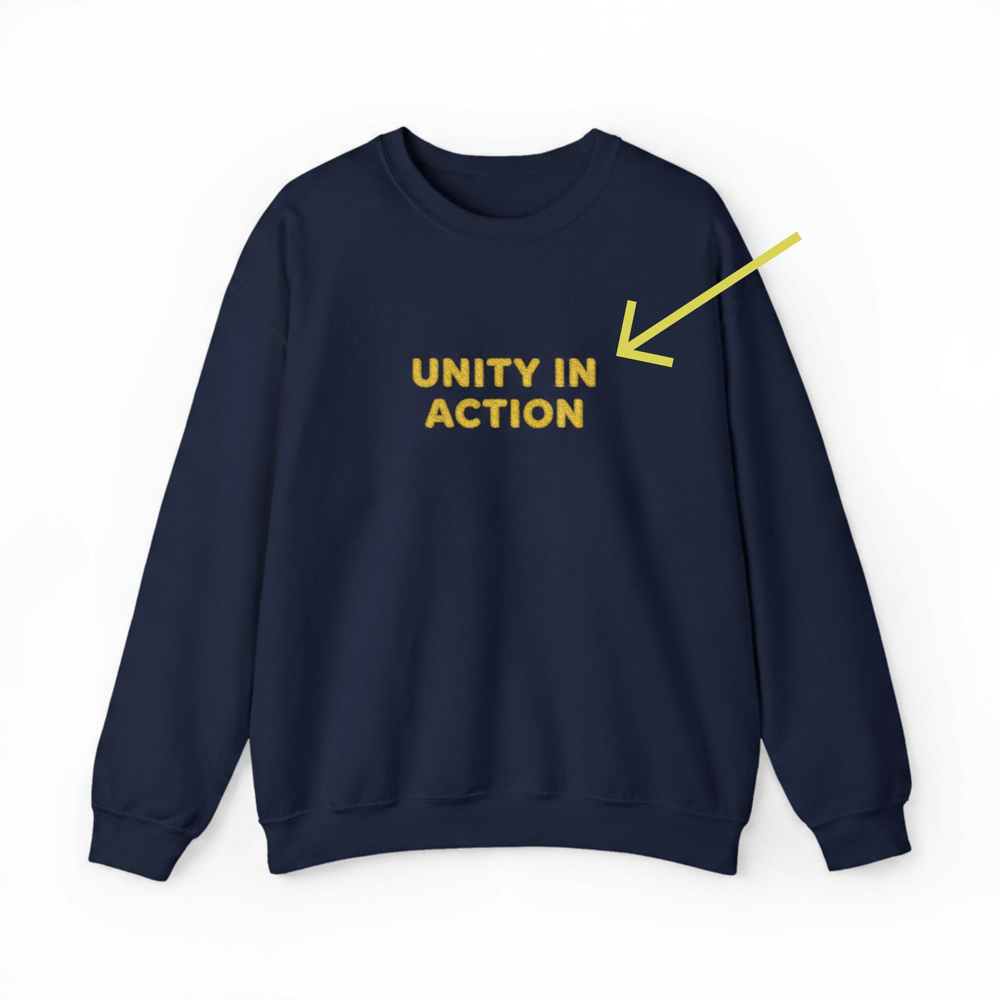 Navy blue sweatshirt with 'UNITY IN ACTION' text in yellow on a white background