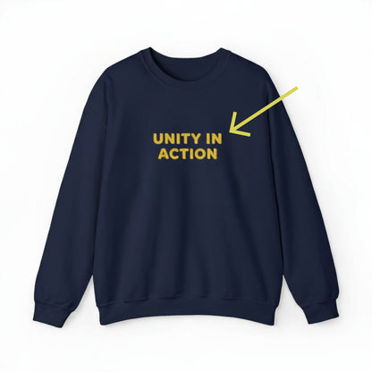 Navy blue sweatshirt with 'UNITY IN ACTION' text in yellow on a white background