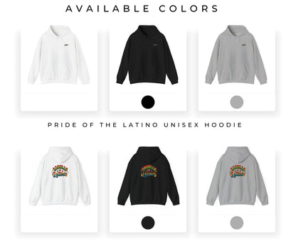 Pride of the Latino Unisex Hoodie available in white, black, and gray with rainbow design on a white background.