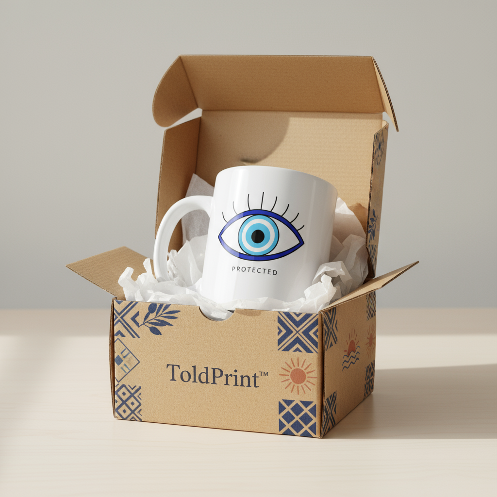 White mug with eye design in a ToldPrint box
