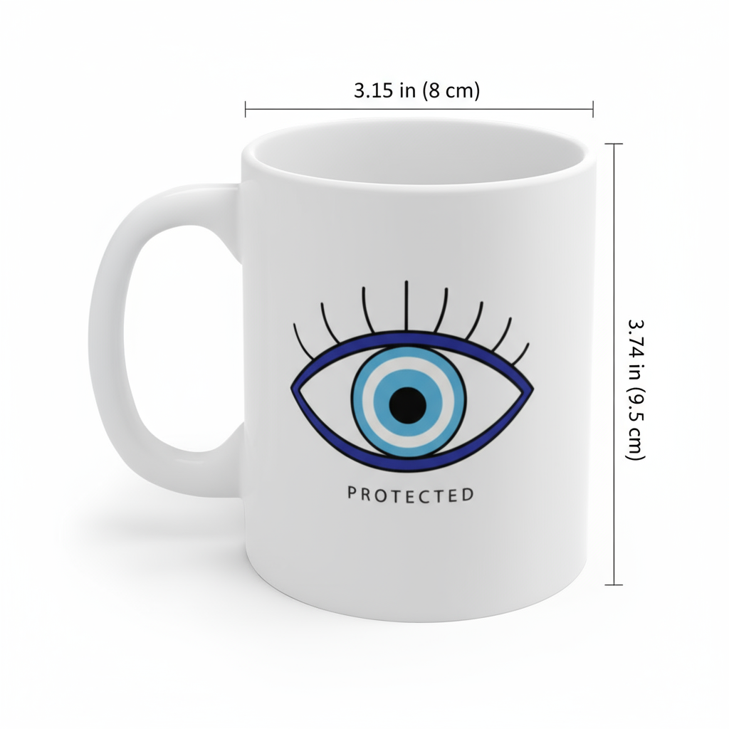 White mug with an eye design and 'PROTECTED' text, shown with dimensions on a white background.