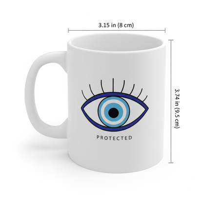 White mug with an eye design and 'PROTECTED' text, shown with dimensions on a white background.