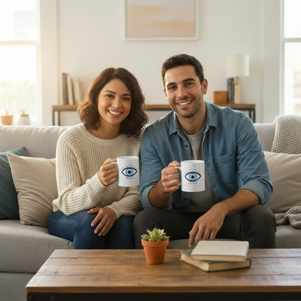 Man and woman sitting on a couch holding mugs with eye designs, smiling at the camera.