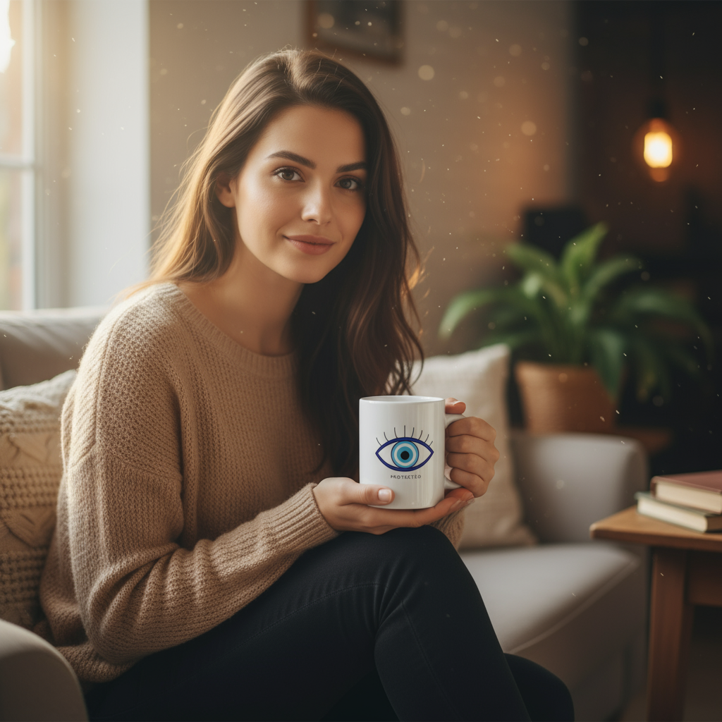 Woman holding a mug with an eye design in a cozy living room.