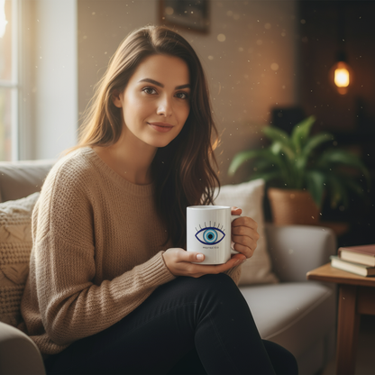 Woman holding a mug with an eye design in a cozy living room.