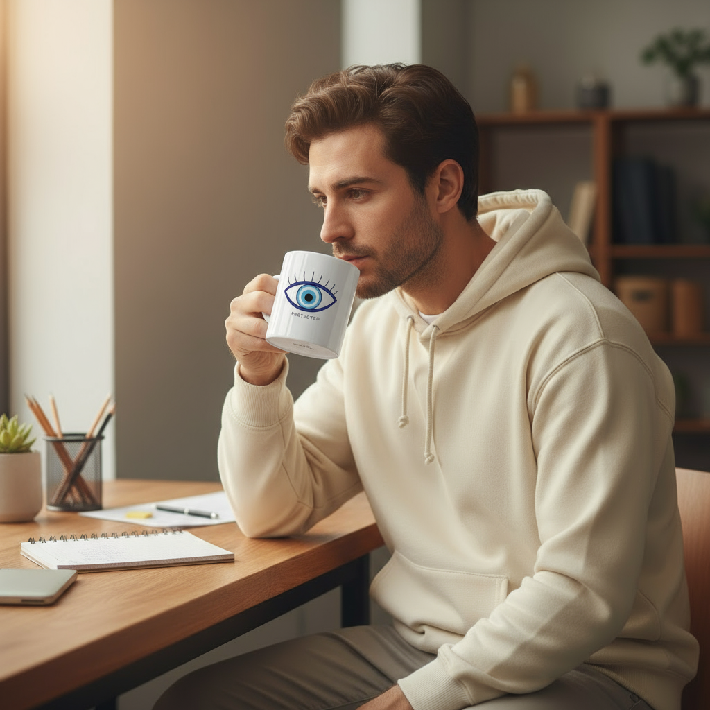 Man in a beige hoodie drinking from a mug with an eye design, sitting at a desk.