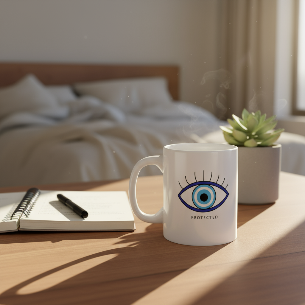 White mug with eye design on a wooden table in a bedroom