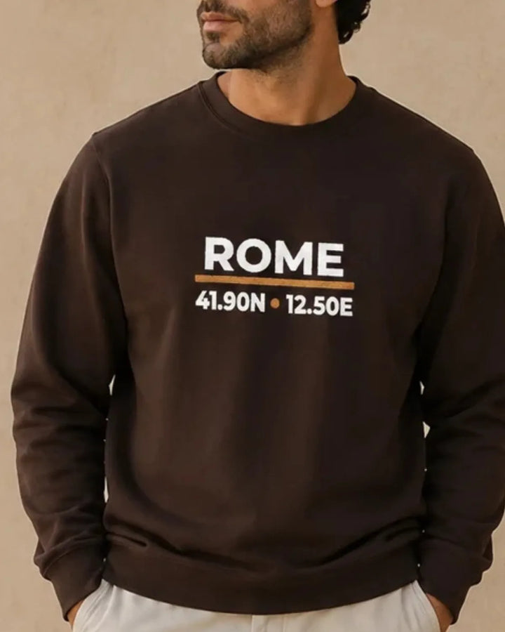Rome Coordinates Night Sweatshirt, Minimal Embroidery, Evening City Aesthetic, Unisex Crewneck, ToldPrint Mediterranean gr...