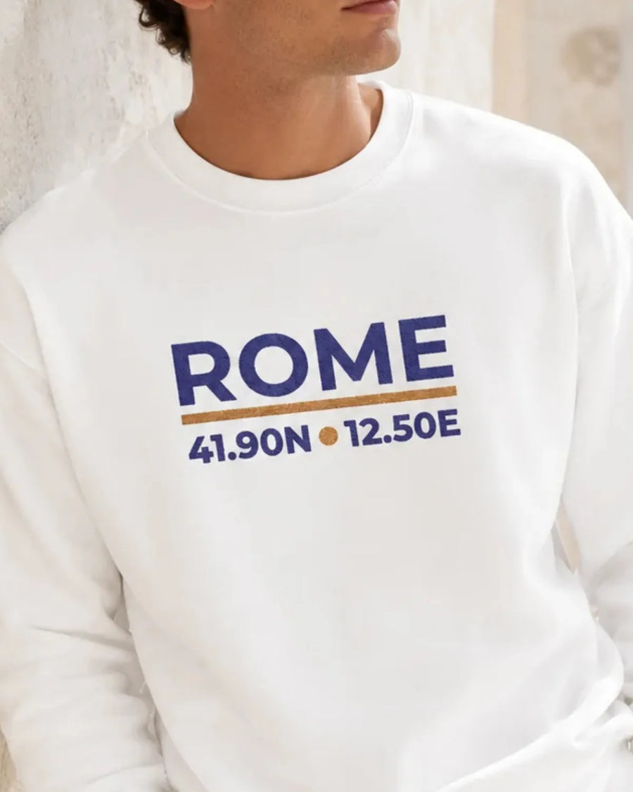 Rome Coordinates Embroidered Sweatshirt, Minimal City Design, Mediterranean Aesthetic, Unisex Crewneck, ToldPrint Mediterr...