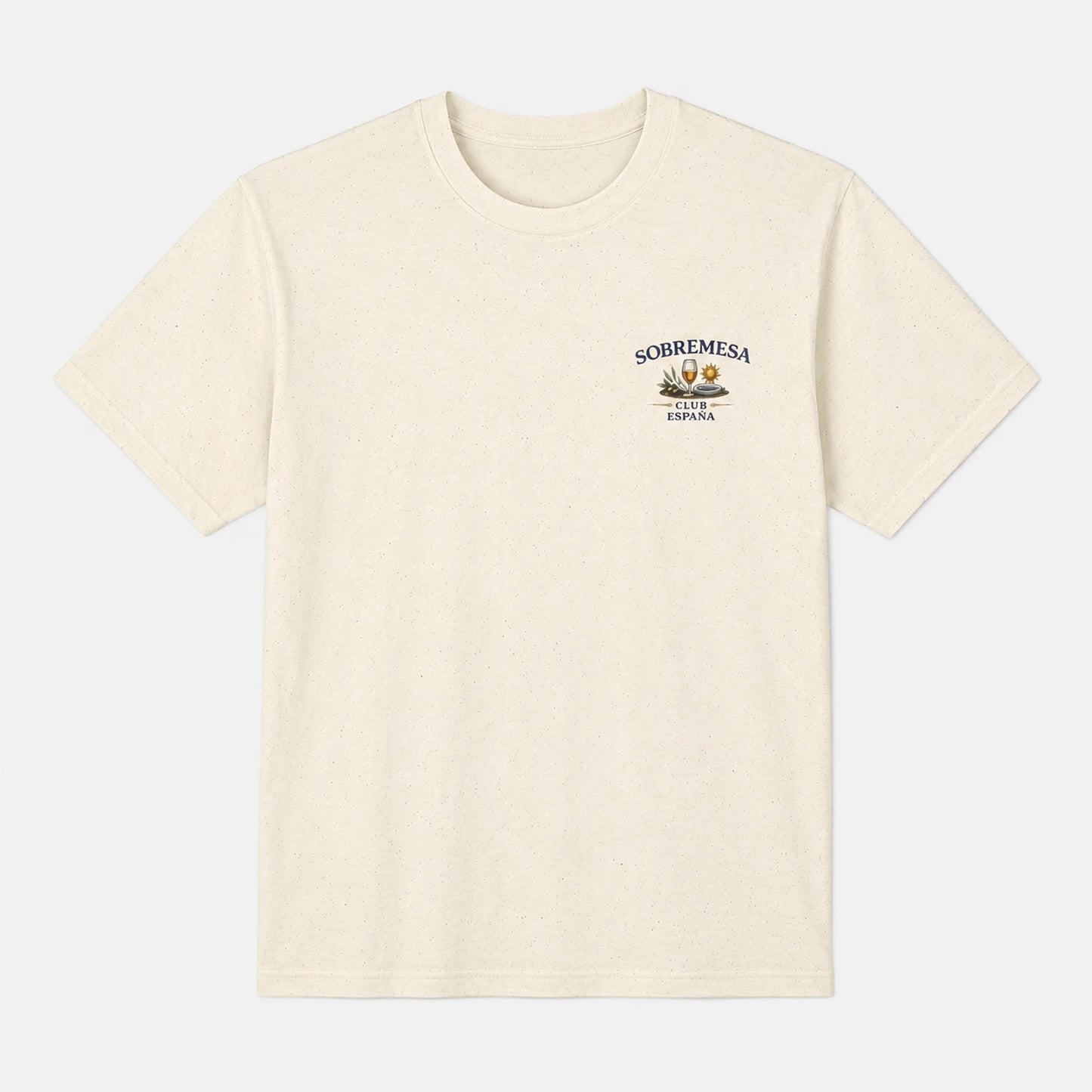 An off-white short-sleeve crewneck t-shirt with a small graphic on the left chest featuring the text 'SOBREMESA' and 'Tulum, Mexico' with a small illustration.