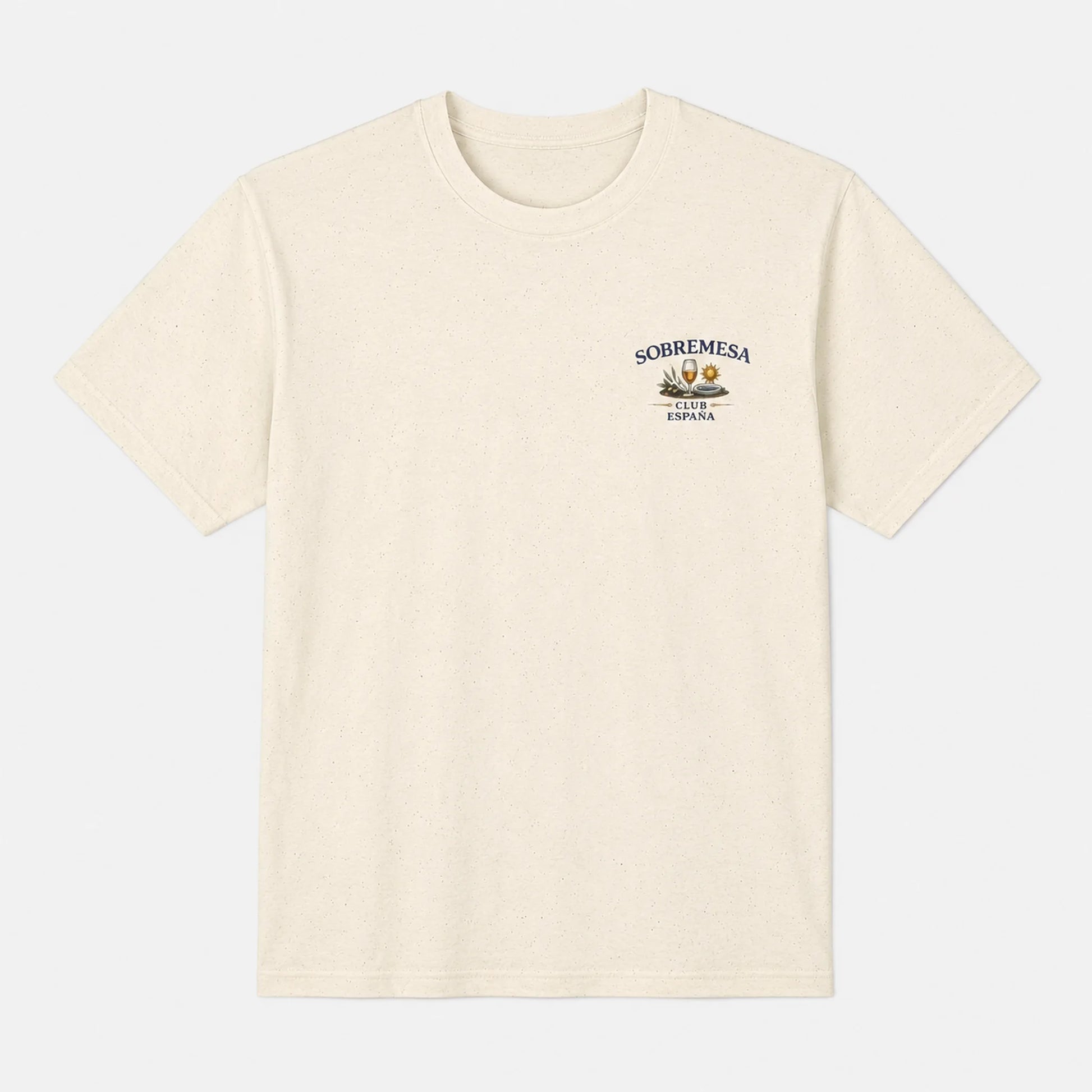 An off-white short-sleeve crewneck t-shirt with a small graphic on the left chest featuring the text 'SOBREMESA' and 'Tulum, Mexico' with a small illustration.