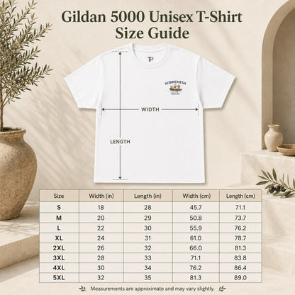 A size guide graphic for a Gildan 5000 unisex T-shirt, showing a white short-sleeve crewneck shirt with arrows indicating width and length measurements, plus a size table below with width and length in inches and centimeters for sizes S through 5XL.