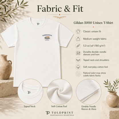 White Gildan 5000 unisex T-shirt shown on a beige promotional graphic with text describing fit and fabric features, plus three circular detail insets highlighting the taped neck, soft cotton feel, and double-needle sleeve and hem construction.