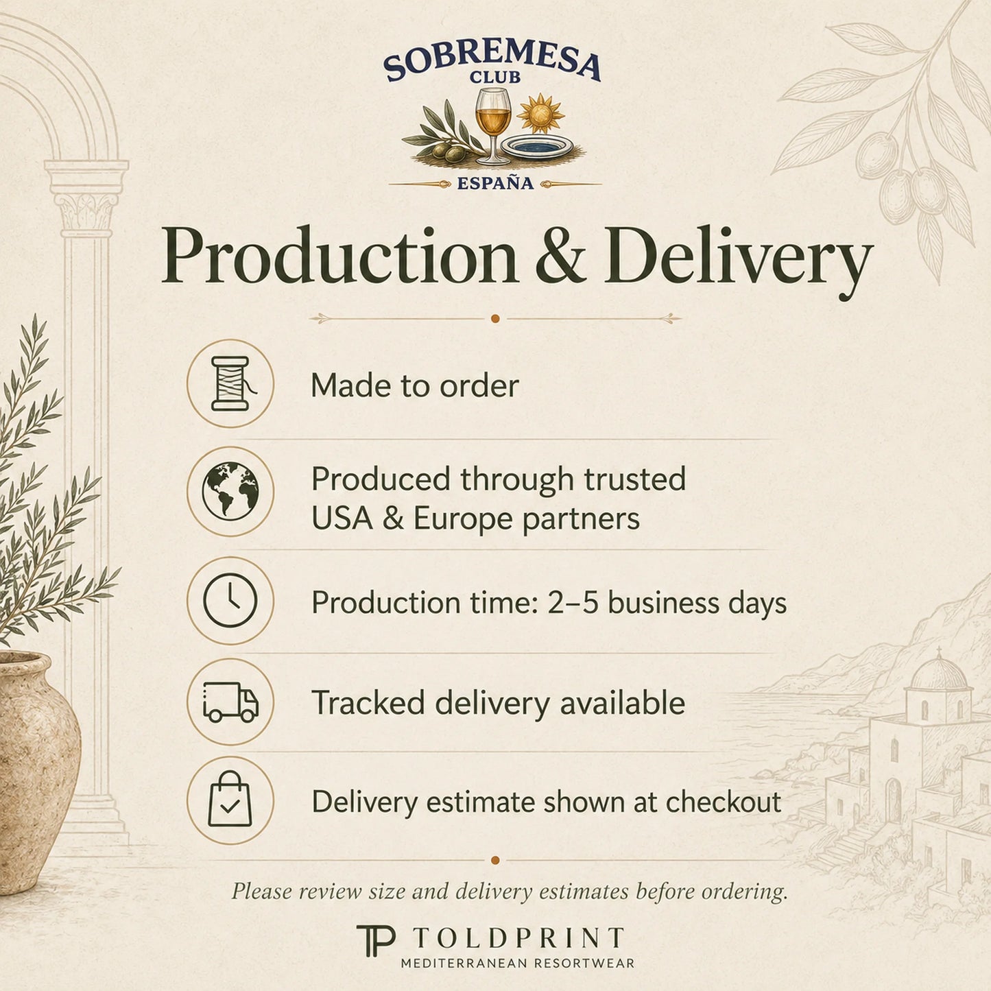 An informational graphic titled 'Production & Delivery' from Sobremesa Club España, detailing order confirmation, trusted production partners, estimated 2-5 business days, and tracking options. The Toldprint Mediterranean Resort Wear logo is shown at the bottom.