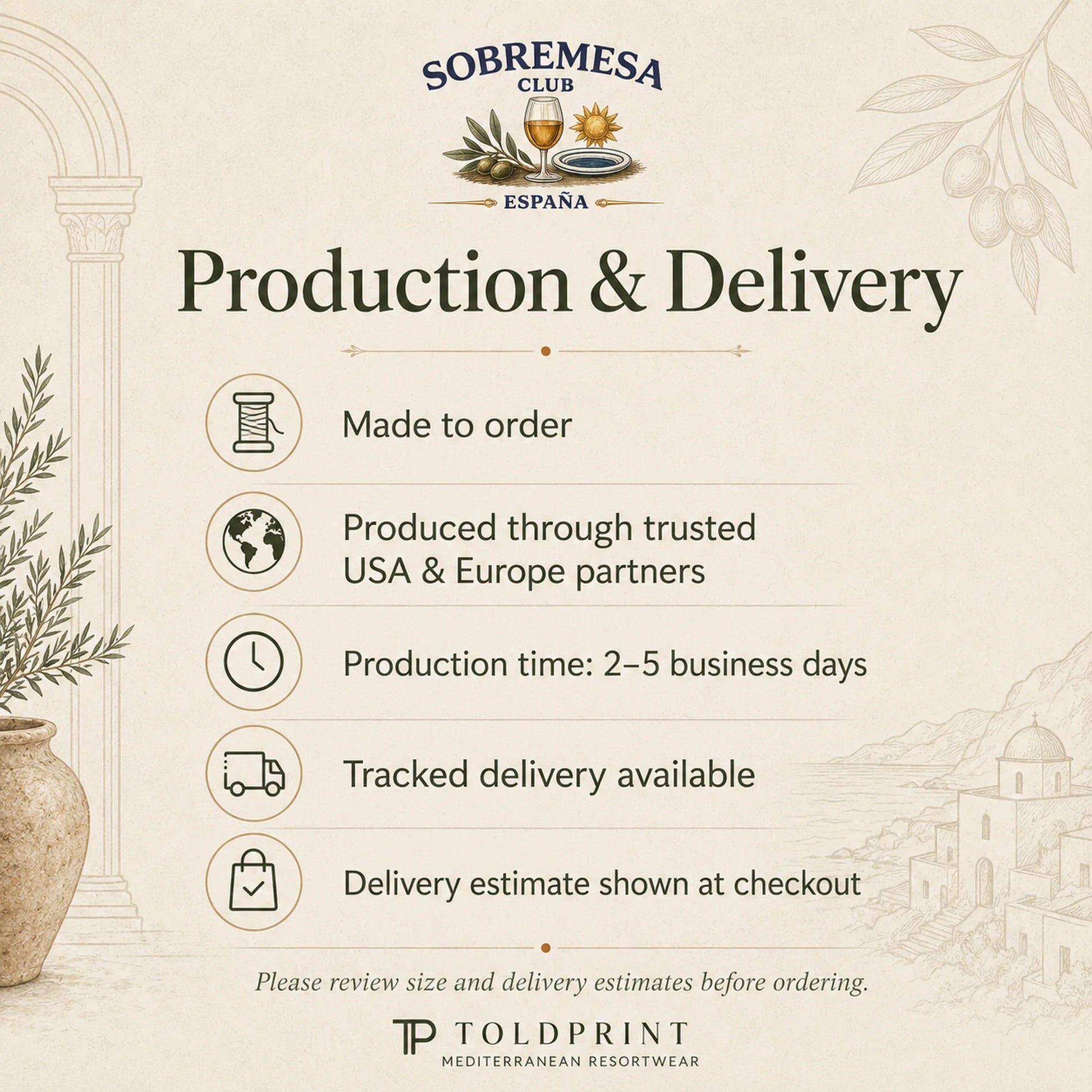 An informational graphic titled 'Production & Delivery' from Sobremesa Club España, detailing order confirmation, trusted production partners, estimated 2-5 business days, and tracking options. The Toldprint Mediterranean Resort Wear logo is shown at the bottom.