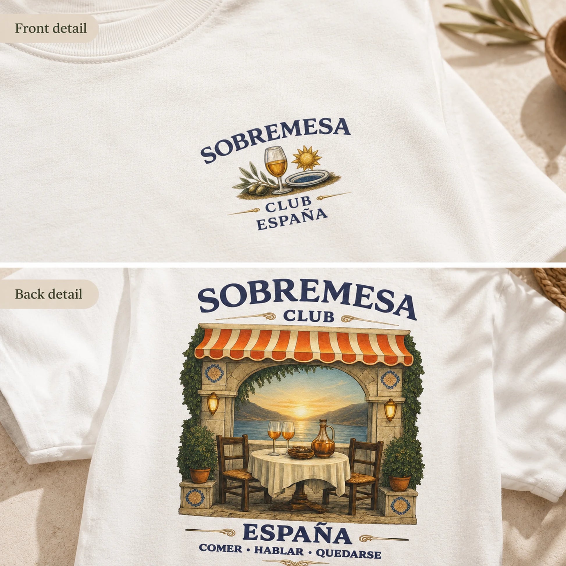 A white short-sleeve T-shirt shown in a front and back detail layout. The front has a small navy and gold 'SOBREMESA CLUB ESPAÑA' graphic near the chest.