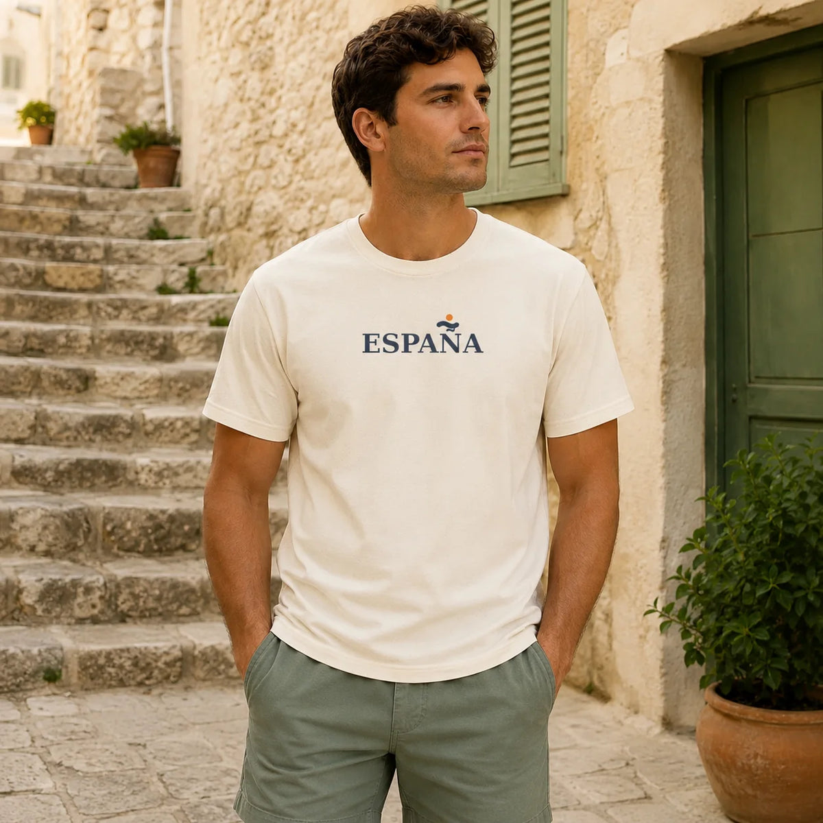 A man wearing a cream-colored t-shirt with 'ESPAÑA' printed in navy blue across the chest, standing outdoors in front of a rustic stone wall with green shutters and a potted plant.